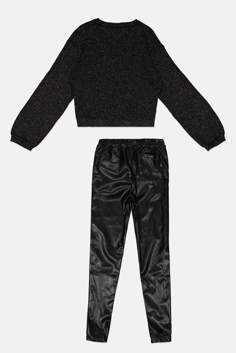 MISS Kids Girl 2 Piece Textured Long Sleeve Sweater And Pants Set, Black  - Image 2