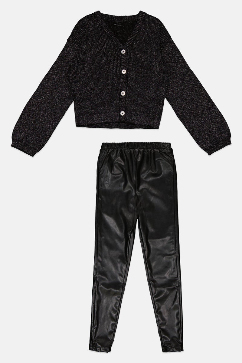 MISS Kids Girl 2 Piece Textured Long Sleeve Sweater And Pants Set, Black  - Image 1