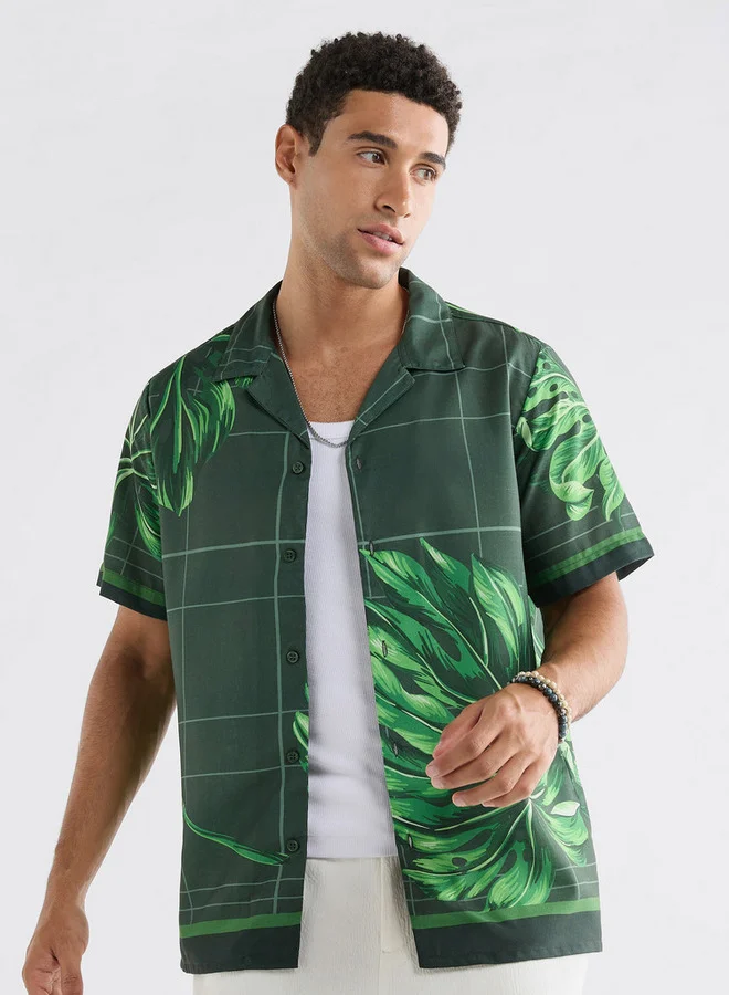 Splash FAV All-Over Graphic Print Shirt with Camp Collar and Short Sleeves