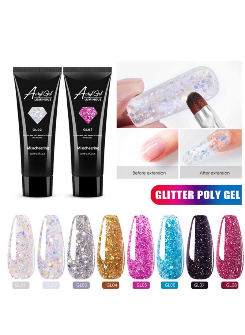 Captaintech Nail Extension Gel Kit with 8 Glitter Colors and 15ml Poly Nail Gel for Beginners and Professionals, Perfect for Nail Art Design - Image 2
