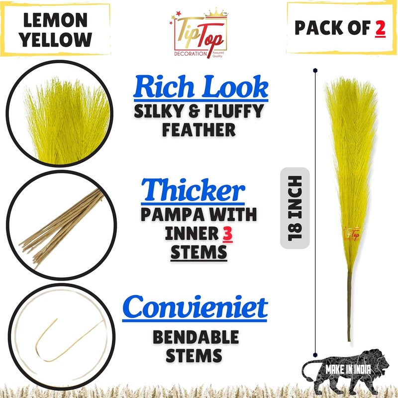 TIPTOP DECORATION TIPTOP DECORATION Premium Artificial Fluffy Faux Pampas Grass Feather Flower Stick 18 inch 2 Lemon Yellow 3 Inner Stems  - Image 2