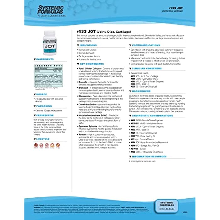 Systemic Formulas JOT – Joint/Disc/Cartilage 60 Capsules Bio Nutriment #133. Supports Cartilage Integrity, Joint Health, Lubrication and Comfort and Healthy Formation of Joints, Discs and Cartilage. - Image 2