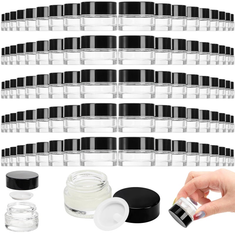 Coloch 90 Pack 5ml Empty Glass Jars with Black Lid Clear Airtight Cosmetics Container Bulk Refillable Tiny Sample Jar for Cosmetics Lotion Cream Samples Wax Skincare Travelling Retail Store