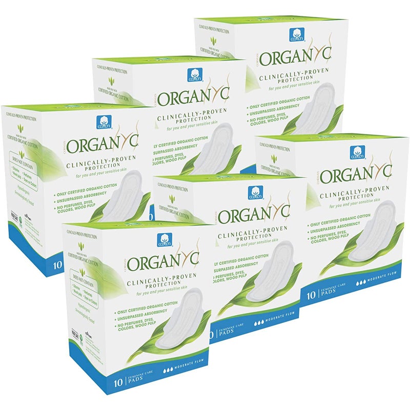 Organyc 100 Certified Organic Cotton Feminine Pads Sanitary Napkin with Wings for Women Moderate Flow Regular Absorbency 60 Count 6 Pack of 10 Count