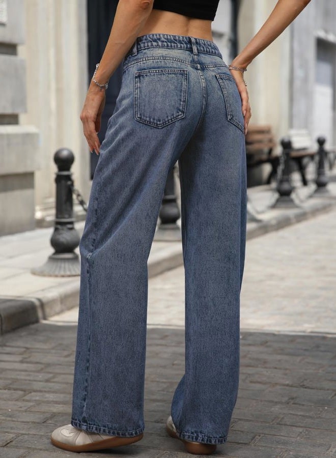ELLEVEN Women's Low-Rise Baggy Jeans, High Stretchy Y2K Wide Leg Jeans Boyfriend Straight Leg Denim Pants, Vintage Blue Denim, 6 - Image 2