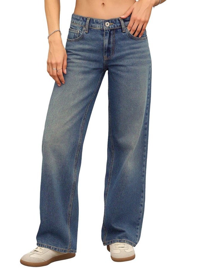 ELLEVEN Women's Low-Rise Baggy Jeans, High Stretchy Y2K Wide Leg Jeans Boyfriend Straight Leg Denim Pants, Vintage Blue Denim, 6 - Image 1