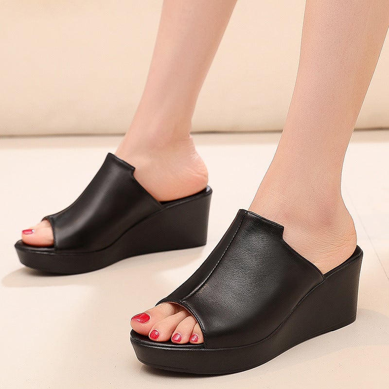 Cowhide Summer Beach Women'S Wedge-Heeled Thick-Soled Slippers, First-Layer Cowhide Sponge Cake, Soft-Soled Waterproof Platform, Non-Slip Large Size Sandals - Image 2