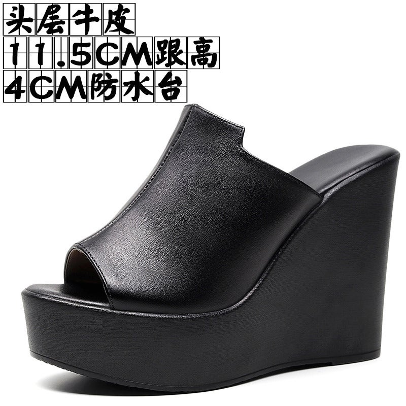 Cowhide Summer Beach Women'S Wedge-Heeled Thick-Soled Slippers, First-Layer Cowhide Sponge Cake, Soft-Soled Waterproof Platform, Non-Slip Large Size Sandals - Image 1