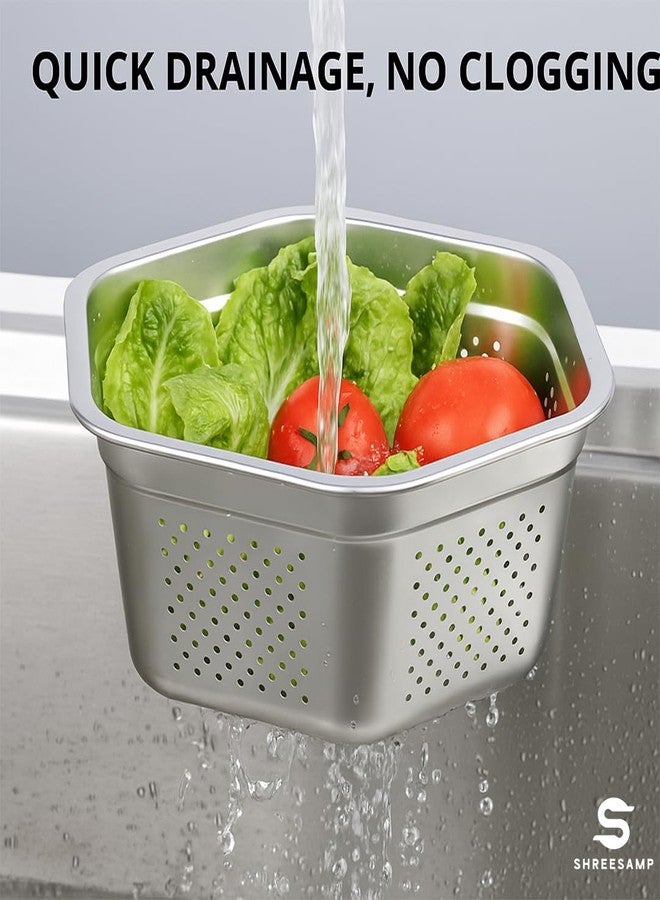 SHREESAMP Stainless Steel Hexagon Colander Bowl for Kitchen Multipurpose Sink Strainer Basket for Washing Rice Pulses Pasta Fruits Vegetables Rustproof Durable Easy to Clean Mixing Bowl for Daily Use - Image 2