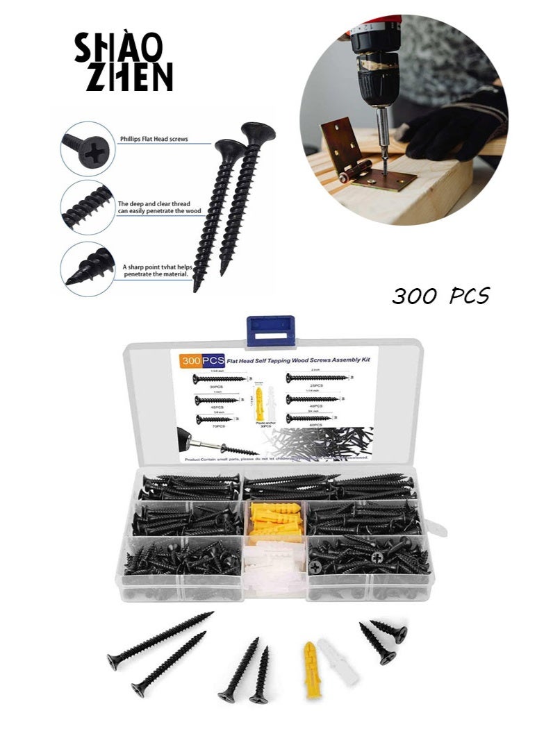 شاو تشن 300 قطعة، براغي ذاتية اللولبة سريعة الالتصاق برأس فيليبس، طقم مثبتات حوائط جافة ذاتية الثقب، مقاس #6، من 3/4 بوصة إلى 2 بوصة، مجموعة براغي خشبية سوداء متنوعة مع حقيبة - Image 1