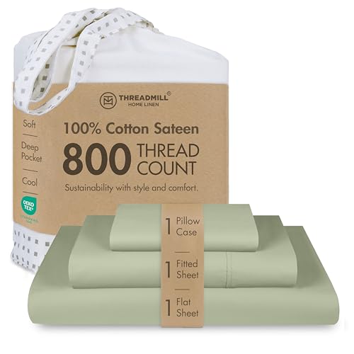 Threadmill 800 Thread Count 100 Cotton Sheets Luxury Sateen Weave Sage Green Twin XL BedSheets Better Than Egyptian Cotton3 Pc Solid Bedding Set Fits 15 Deep Pocket - Image 1