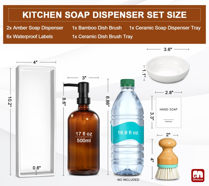 GM GMISUN GMISUN Dish Soap Dispenser, 17 Fl oz Kitchen Soap Dispenser Set with Ceramic Tray & Bamboo Brush, 2 Pcs Amber Glass Soap Dispensers, Farmhouse Refillable Hand and Dish Liquid Soap Pump Bottle Set - Image 2