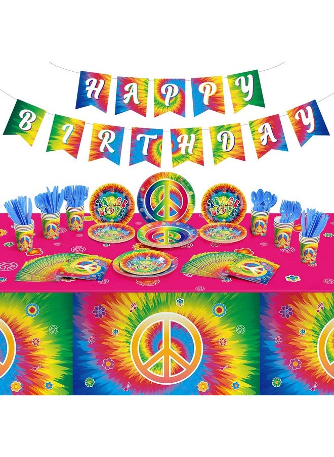 Containlol - 172 Pcs Tie Dye Birthday Party Supplies Serves 24 60'S Hippie Theme Party Decorations Happy Birthday Banner Tie Dye Tablecloth Peace Love Plates Napkins Tableware Set For 60S Hippie Groovy Party - Image 1