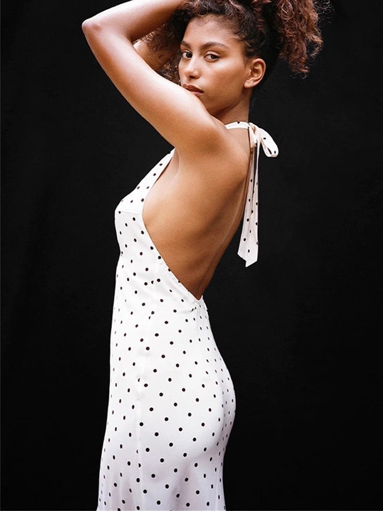 Women'S Clothing White Polo Dot V-Neck Hanging Neck Dress Women'S Summer French Style Backless Elegant Mid-Length Skirt - Image 3