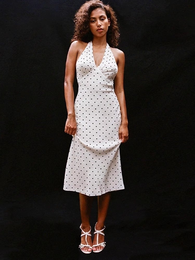 Women'S Clothing White Polo Dot V-Neck Hanging Neck Dress Women'S Summer French Style Backless Elegant Mid-Length Skirt - Image 5