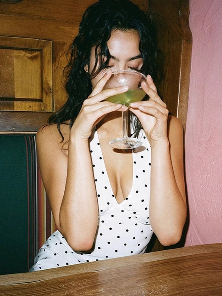 Women'S Clothing White Polo Dot V-Neck Hanging Neck Dress Women'S Summer French Style Backless Elegant Mid-Length Skirt - Image 4