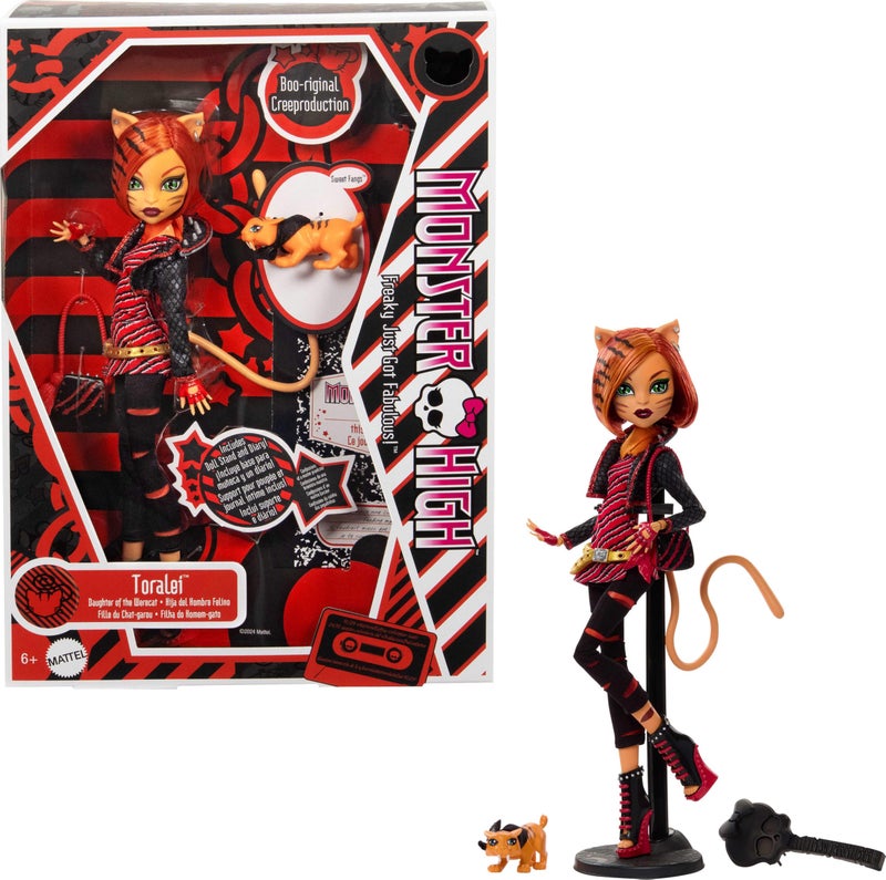 MONSTER HIGH دمية مونستر هاي بو-ريجينال كريبروكشن، تورالي، دمية قابلة للجمع مع قاعدة دمية، مذكرات، وحيوان أليف نمر ذو أنياب حلوة - Image 1