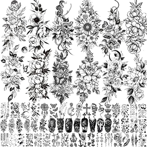 VANTATY 61 Sheets 3D Snake Flower Temporary Tattoos For Women Girls Neck Arm, 12 Sheets Realistic Floral Fake Tattoo Stickers Thigh, Waterproof Temp Transfer Tatoo Adults Rose Sunflower Butterfly - Image 1
