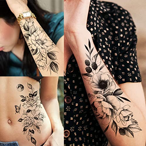VANTATY 61 Sheets 3D Snake Flower Temporary Tattoos For Women Girls Neck Arm, 12 Sheets Realistic Floral Fake Tattoo Stickers Thigh, Waterproof Temp Transfer Tatoo Adults Rose Sunflower Butterfly - Image 3
