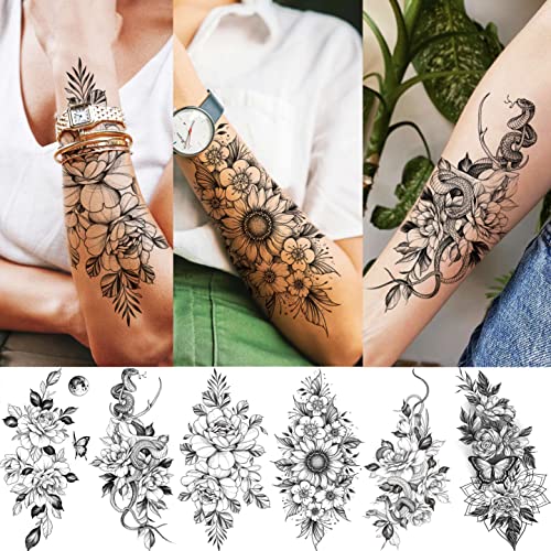 VANTATY 61 Sheets 3D Snake Flower Temporary Tattoos For Women Girls Neck Arm, 12 Sheets Realistic Floral Fake Tattoo Stickers Thigh, Waterproof Temp Transfer Tatoo Adults Rose Sunflower Butterfly - Image 2