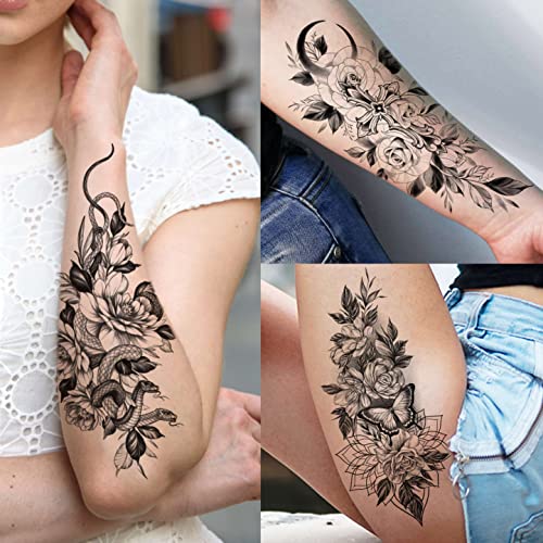 VANTATY 61 Sheets 3D Snake Flower Temporary Tattoos For Women Girls Neck Arm, 12 Sheets Realistic Floral Fake Tattoo Stickers Thigh, Waterproof Temp Transfer Tatoo Adults Rose Sunflower Butterfly - Image 4