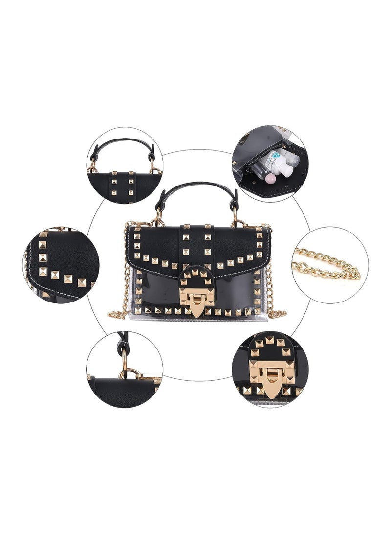 Barakah Women Rivet Chain Crossbody Bag, Fashion PU Leather Top Handle Shoulder Tote Handbags, Purse Clutch Small Transparent Crystal Rivet for Girls Women, Black - Image 3