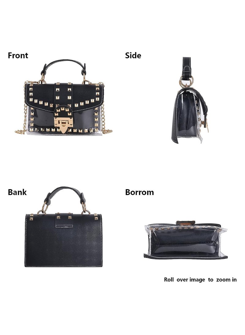 Barakah Women Rivet Chain Crossbody Bag, Fashion PU Leather Top Handle Shoulder Tote Handbags, Purse Clutch Small Transparent Crystal Rivet for Girls Women, Black - Image 5
