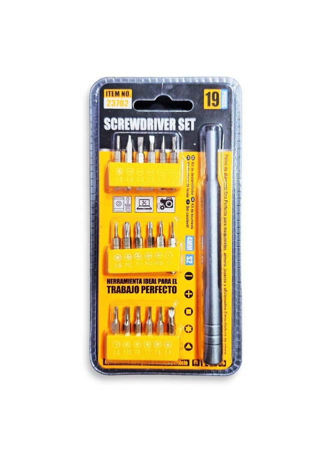 19 in 1 precision screwdriver set with compact design and comfortable handle, stainless steel materials, includes 18 different heads 4MM (slotted, phillips, torx, etc.) for phone, laptop, and electronic device maintenance, ideal for home and professional use with portable storage bag - Image 1