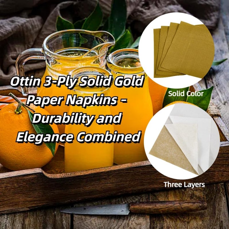 Ottin Solid Gold Paper Dinner Napkins 6.5'' Disposable Luncheon Napkins 50 Count for Birthday Wedding Party Everyday Lunch Dinner Event - Image 2