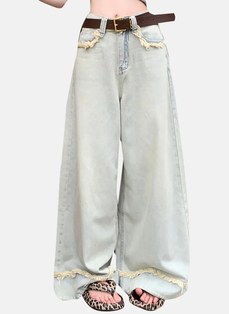 يونيكي Blue Solid Low Rise Relaxed Wide Leg Jeans
