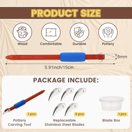 Lanties Pottery Carving Tools Set Include 5 Stainless Steel Blades Red Pear Wood Handle Sculpture Scraper Craft Modelling Tools for Clay Ceramic Sculpting Graffito Relief Art Vtip - Image 3