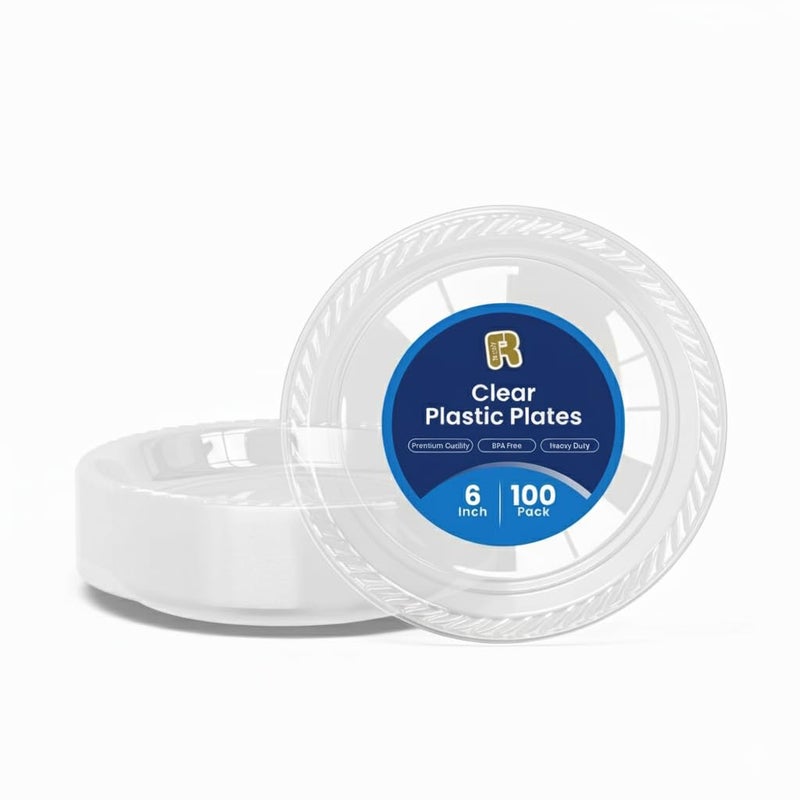 R-kay 100 Pack 6 Inch Clear Plastic Plates - Heavy Duty Small Dessert Plates - Microwavable Small Appetizer Plates - Premium 6 inch Disposable Plates - Image 1