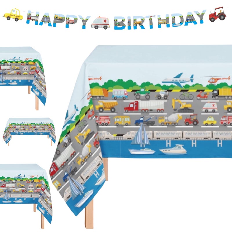 Oojami 4Pack Transportation Theme Plastic Table Covers with Banner Trucks Cars Airplanes Party Supplies for Kids Birthday Baby Shower and Events Disposable Waterproof Tablecloths - Image 3