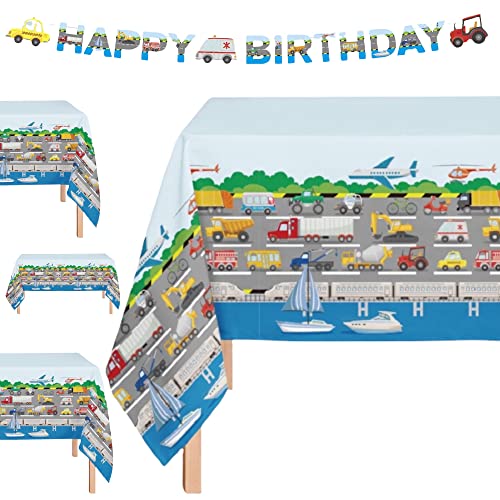 Oojami 4Pack Transportation Theme Plastic Table Covers with Banner Trucks Cars Airplanes Party Supplies for Kids Birthday Baby Shower and Events Disposable Waterproof Tablecloths - Image 1