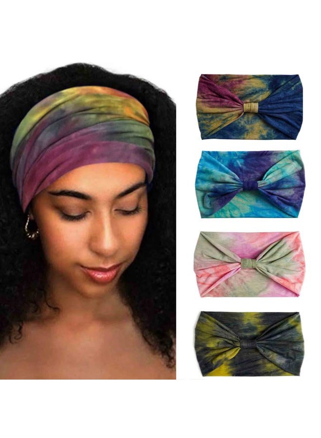 Aceorna Wide Headbands Stretch Turban Knotted Hairbands Elastic Yoga Workout Sweatband Running Sport Head Scarf Large African Head Wraps for Women 4 Pcs (Set A) - Image 1