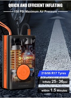 PINREK Car Tyre Inflator Portable Air Compressor,Cordless Electric Tire Inflator with 4000mAh/14.8Wh/7.4V Battery Power Bank/Auto Stop/SOS LED Light/LCD Digital Dual Display/Lanyard,150 PSI Cycle Air Pump for Car,Motorcycle,Bicycle,Ball  - Image 3