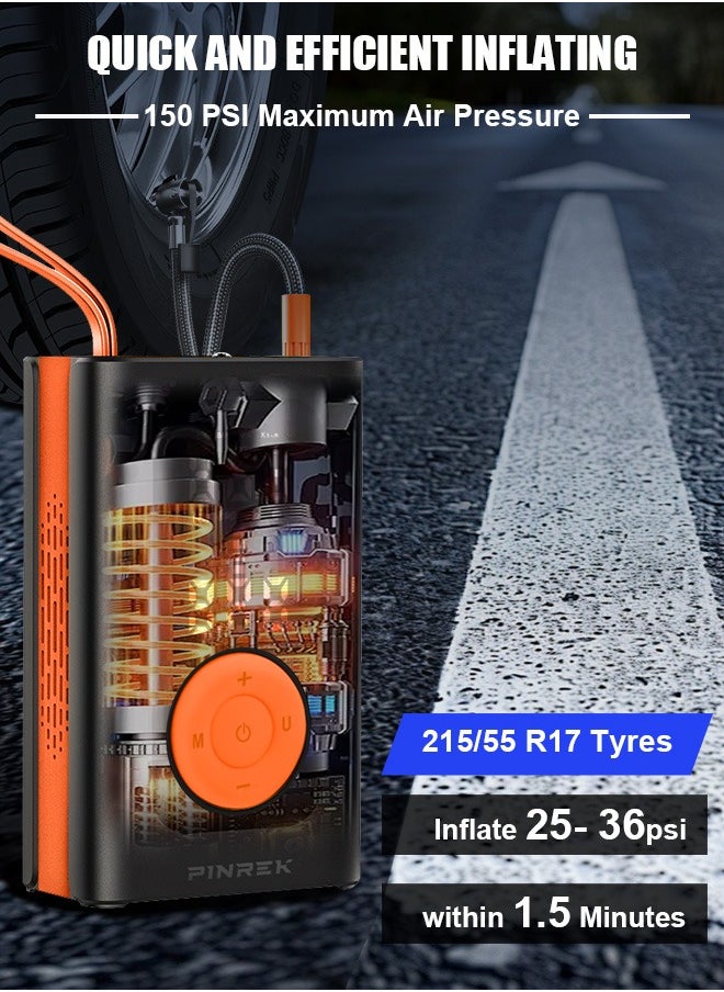 PINREK Car Tyre Inflator Portable Air Compressor,Cordless Electric Tire Inflator with 4000mAh/14.8Wh/7.4V Battery Power Bank/Auto Stop/SOS LED Light/LCD Digital Dual Display/Lanyard,150 PSI Cycle Air Pump for Car,Motorcycle,Bicycle,Ball  - Image 3