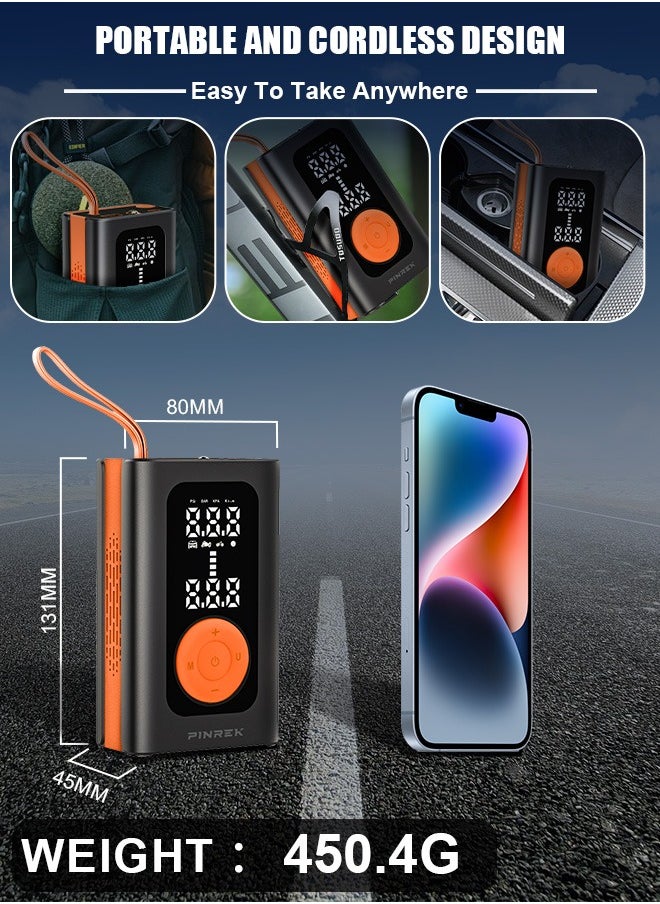 PINREK Car Tyre Inflator Portable Air Compressor,Cordless Electric Tire Inflator with 4000mAh/14.8Wh/7.4V Battery Power Bank/Auto Stop/SOS LED Light/LCD Digital Dual Display/Lanyard,150 PSI Cycle Air Pump for Car,Motorcycle,Bicycle,Ball  - Image 2