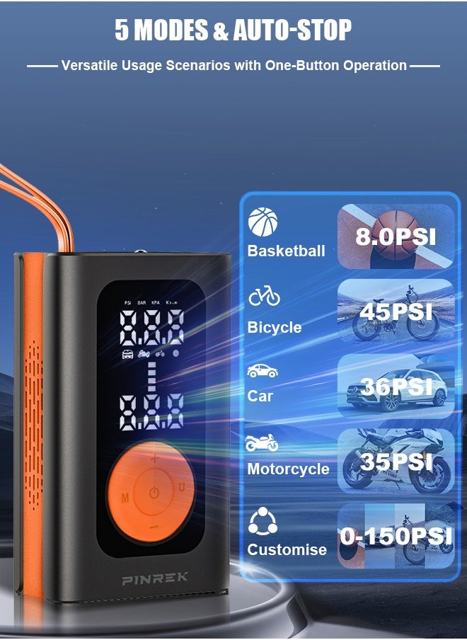 PINREK Car Tyre Inflator Portable Air Compressor,Cordless Electric Tire Inflator with 4000mAh/14.8Wh/7.4V Battery Power Bank/Auto Stop/SOS LED Light/LCD Digital Dual Display/Lanyard,150 PSI Cycle Air Pump for Car,Motorcycle,Bicycle,Ball  - Image 5