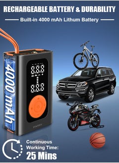 PINREK Car Tyre Inflator Portable Air Compressor,Cordless Electric Tire Inflator with 4000mAh/14.8Wh/7.4V Battery Power Bank/Auto Stop/SOS LED Light/LCD Digital Dual Display/Lanyard,150 PSI Cycle Air Pump for Car,Motorcycle,Bicycle,Ball  - Image 4
