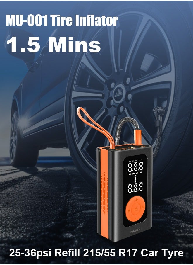 PINREK - Car Tyre Inflator Portable Air Compressor,Cordless Electric Tire Inflator with 4000mAh/14.8Wh/7.4V Battery Power Bank/Auto Stop/SOS LED Light/LCD Digital Dual Display/Lanyard,150 PSI Cycle Air Pump for Car,Motorcycle,Bicycle,Ball - Image 1