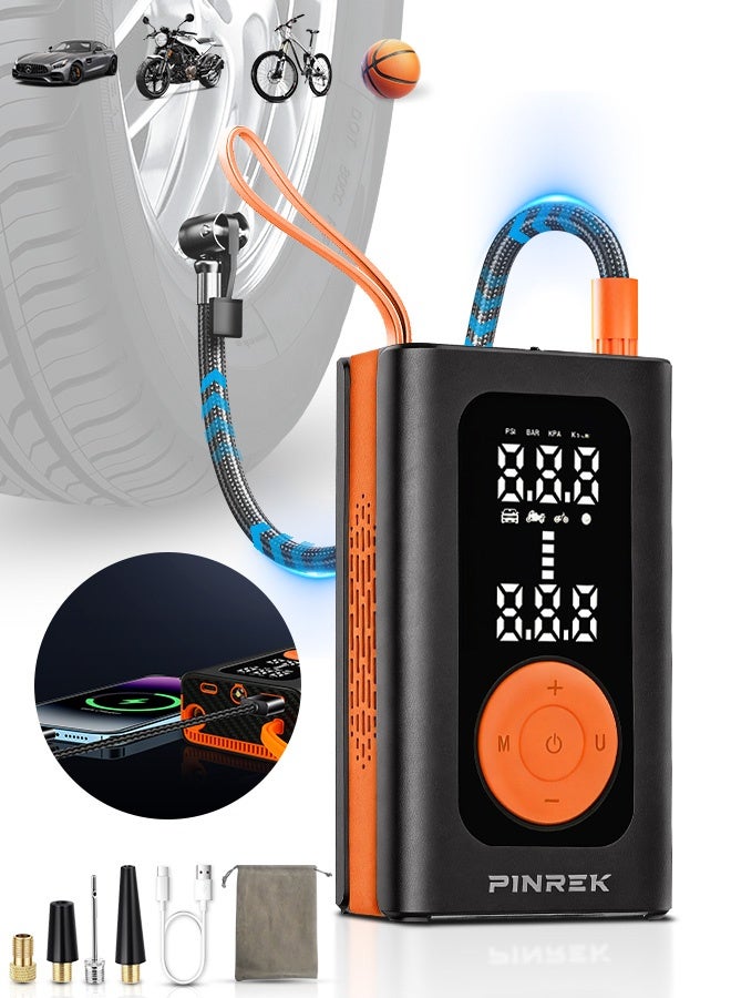 بينريك منفاخ إطارات السيارة، ضاغط هواء محمول، منفاخ إطارات كهربائي لاسلكي مع بنك طاقة للبطارية 4000 مللي أمبير/ساعة/14.8 وات في الساعة/7.4 فولت/إيقاف تلقائي/ضوء LED SOS/شاشة LCD رقمية مزدوجة/حبل، مضخة هواء للدراجات 150 رطل/بوصة مربعة للسيارة والدراجات النارية والدراجات الهوائية والكرات - Image 1