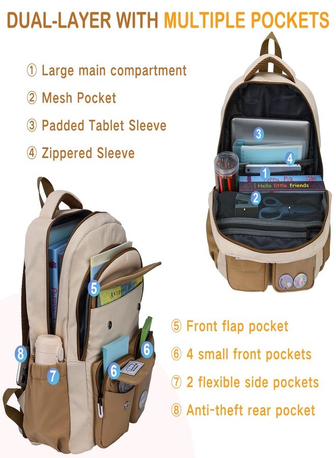 فاشي حقيبة ظهر VASCHY للبنات، حقيبة مدرسية لطيفة مناسبة لطالبات المرحلة الابتدائية والمتوسطة والمراهقات، مثالية للسفر، مزودة بجيب شفاف للدبابيس، لون كاكي - Image 3
