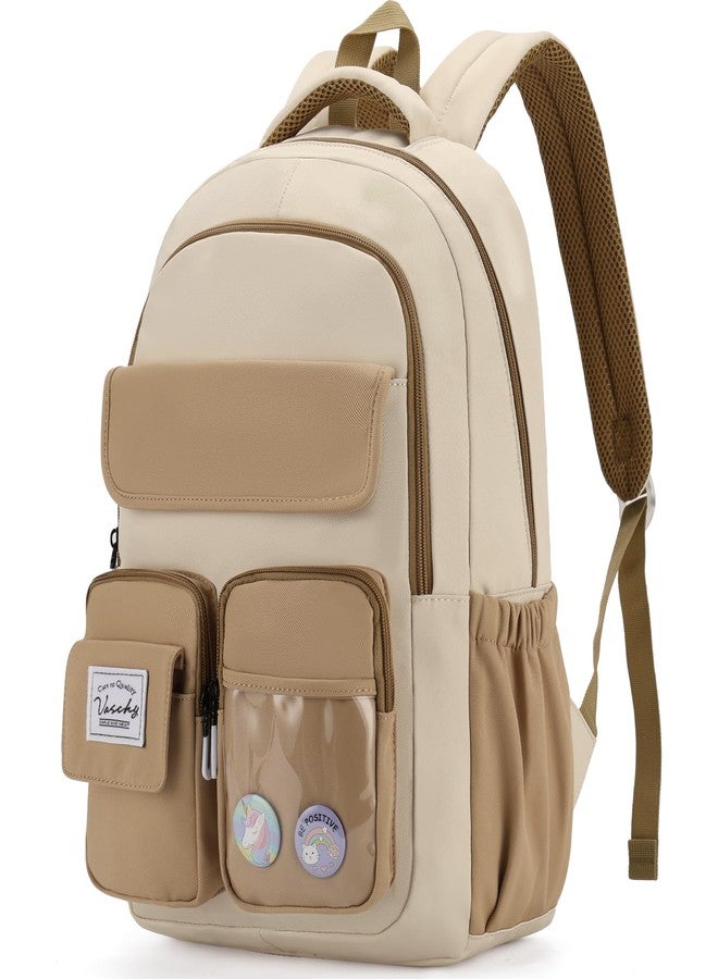 فاشي حقيبة ظهر VASCHY للبنات، حقيبة مدرسية لطيفة مناسبة لطالبات المرحلة الابتدائية والمتوسطة والمراهقات، مثالية للسفر، مزودة بجيب شفاف للدبابيس، لون كاكي - Image 1