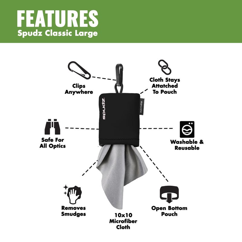 SPUDZ Classic Microfiber Lens Cleaner â€“ Clip-On Pouch, Washable â€“ for Binoculars, Scopes, Glasses, Screens | Black, 10 x 10 Inch - Image 3