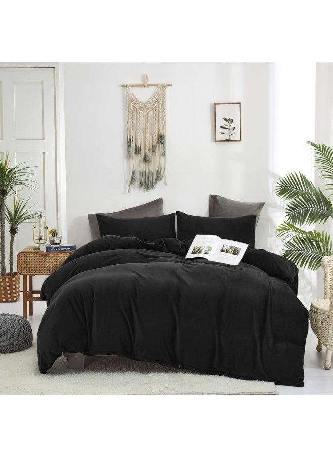 Generic Houseri Black Velvet Comforter Set King Solid Black Fluffy Comforter King Size Bedding Sets Fuzzy Men All Black Flannel Bed Blanket Soft Sherpa Comforter Sets King Women Black Warm King Comforter Set  - Image 1