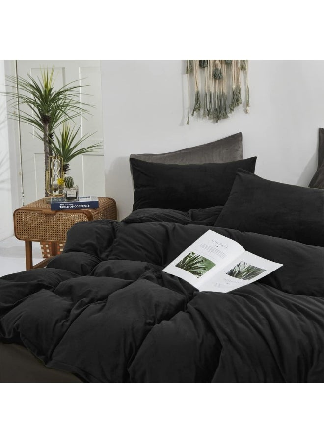 Generic Houseri Black Velvet Comforter Set King Solid Black Fluffy Comforter King Size Bedding Sets Fuzzy Men All Black Flannel Bed Blanket Soft Sherpa Comforter Sets King Women Black Warm King Comforter Set  - Image 3
