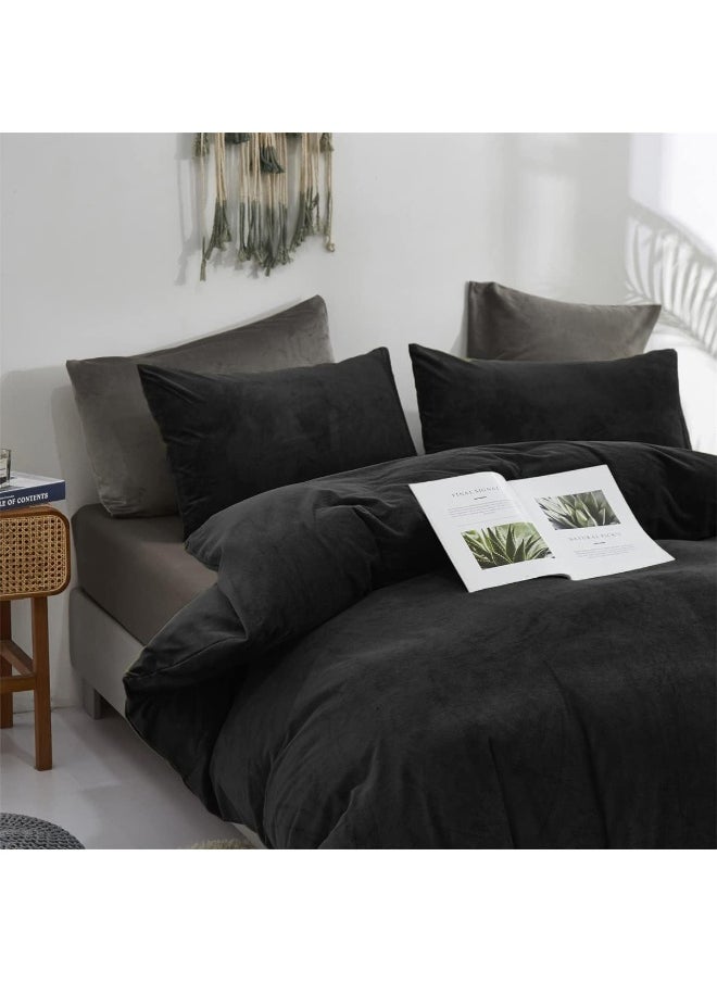 Generic Houseri Black Velvet Comforter Set King Solid Black Fluffy Comforter King Size Bedding Sets Fuzzy Men All Black Flannel Bed Blanket Soft Sherpa Comforter Sets King Women Black Warm King Comforter Set  - Image 2