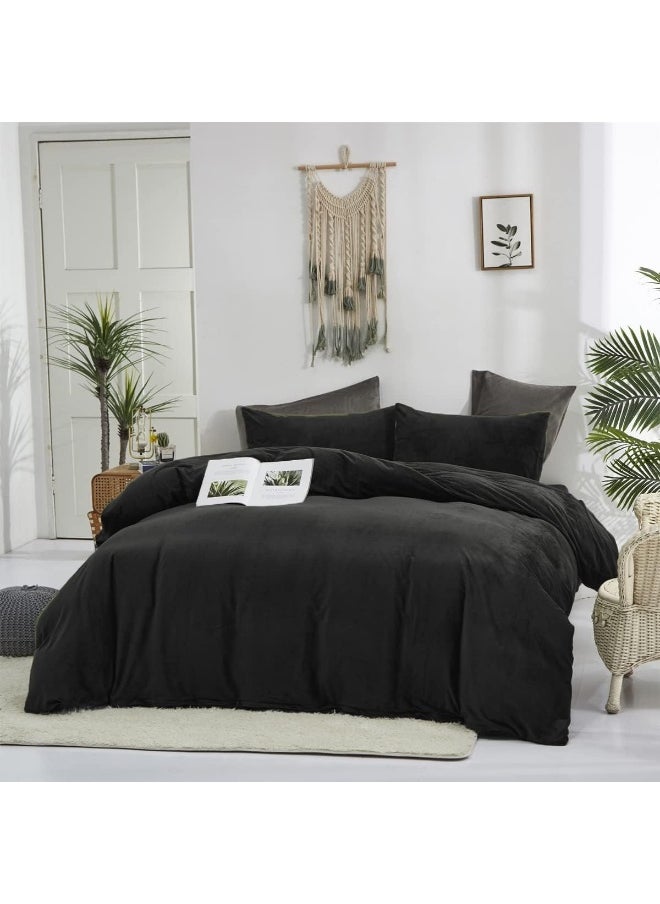 Generic Houseri Black Velvet Comforter Set King Solid Black Fluffy Comforter King Size Bedding Sets Fuzzy Men All Black Flannel Bed Blanket Soft Sherpa Comforter Sets King Women Black Warm King Comforter Set  - Image 4