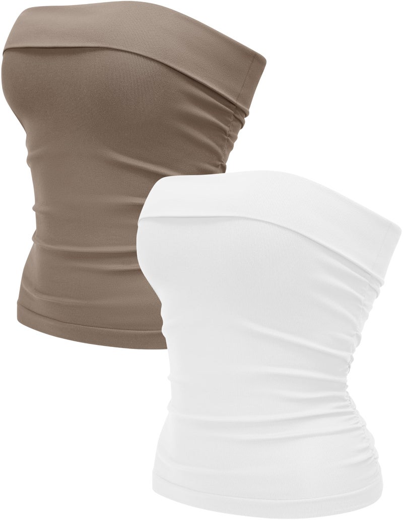 OLCHEE Womens 2PK Tube Tops Off Shoulder Seamless Ribbed Strapless Sleeveless Side Ruched Slim Fitted Summer Going Out Top - White Khaki Medium - Image 1